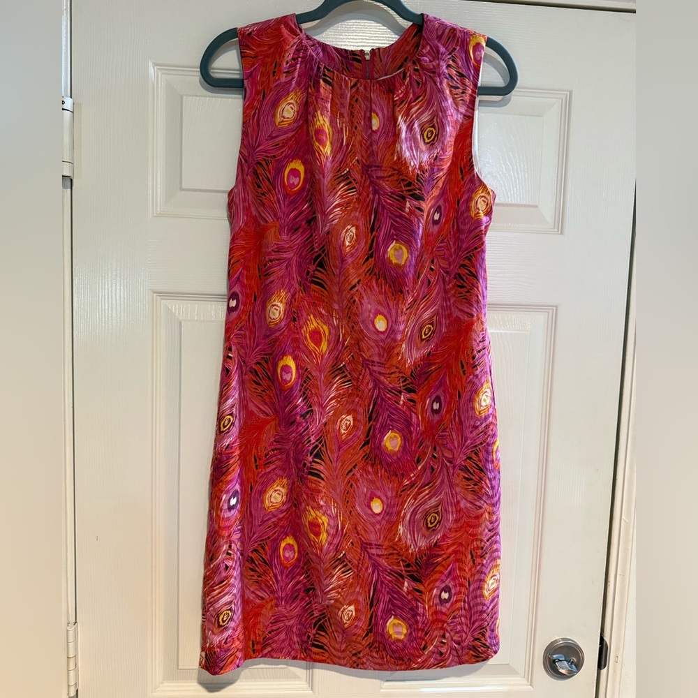 Tory Burch Sleeveless Pink & Yellow Peacock-Print Mini Dress